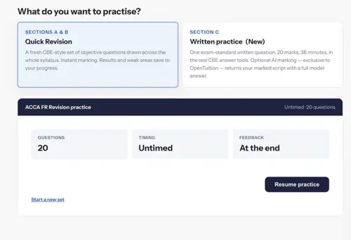 Choosing an OpenTuition revision practice test