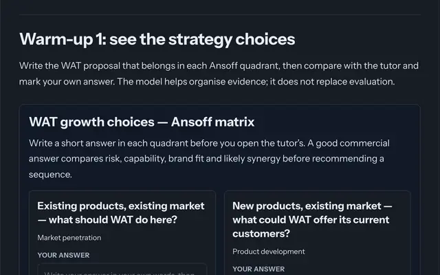 The case study: a warm-up where you write your answer in each Ansoff quadrant