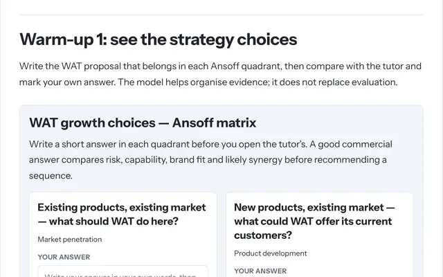The case study: a warm-up where you write your answer in each Ansoff quadrant