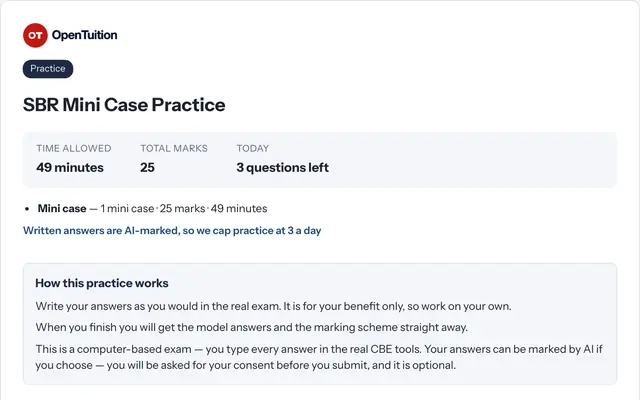 Mini case practice: the time allowed, the marks and how the practice works