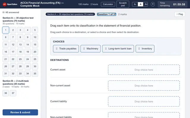 The mock exam screen: time remaining, the question list and the first question