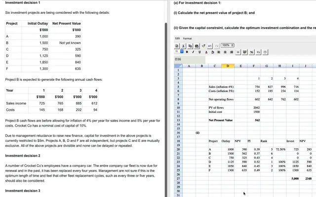 A revision lecture: an exam question on the left and its answer worked in the exam spreadsheet on the right