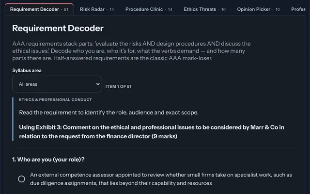The Skills Hub: a Requirement Decoder drill with its requirement and first question