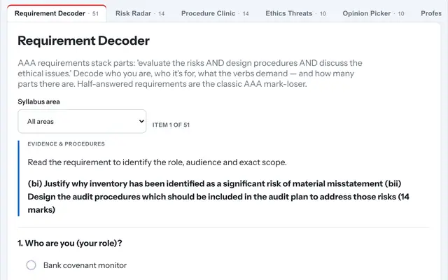 The Skills Hub: a Requirement Decoder drill with its requirement and first question