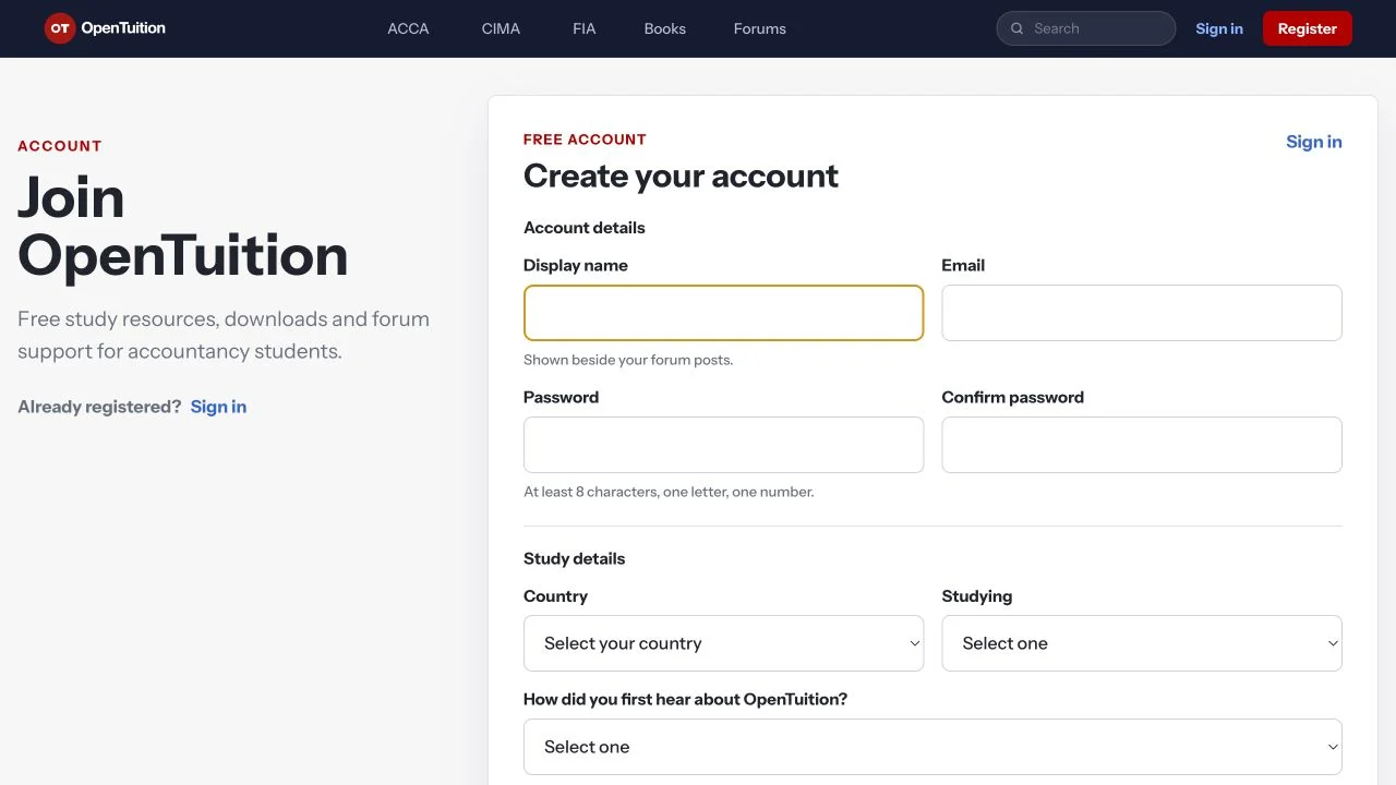 OpenTuition account registration page