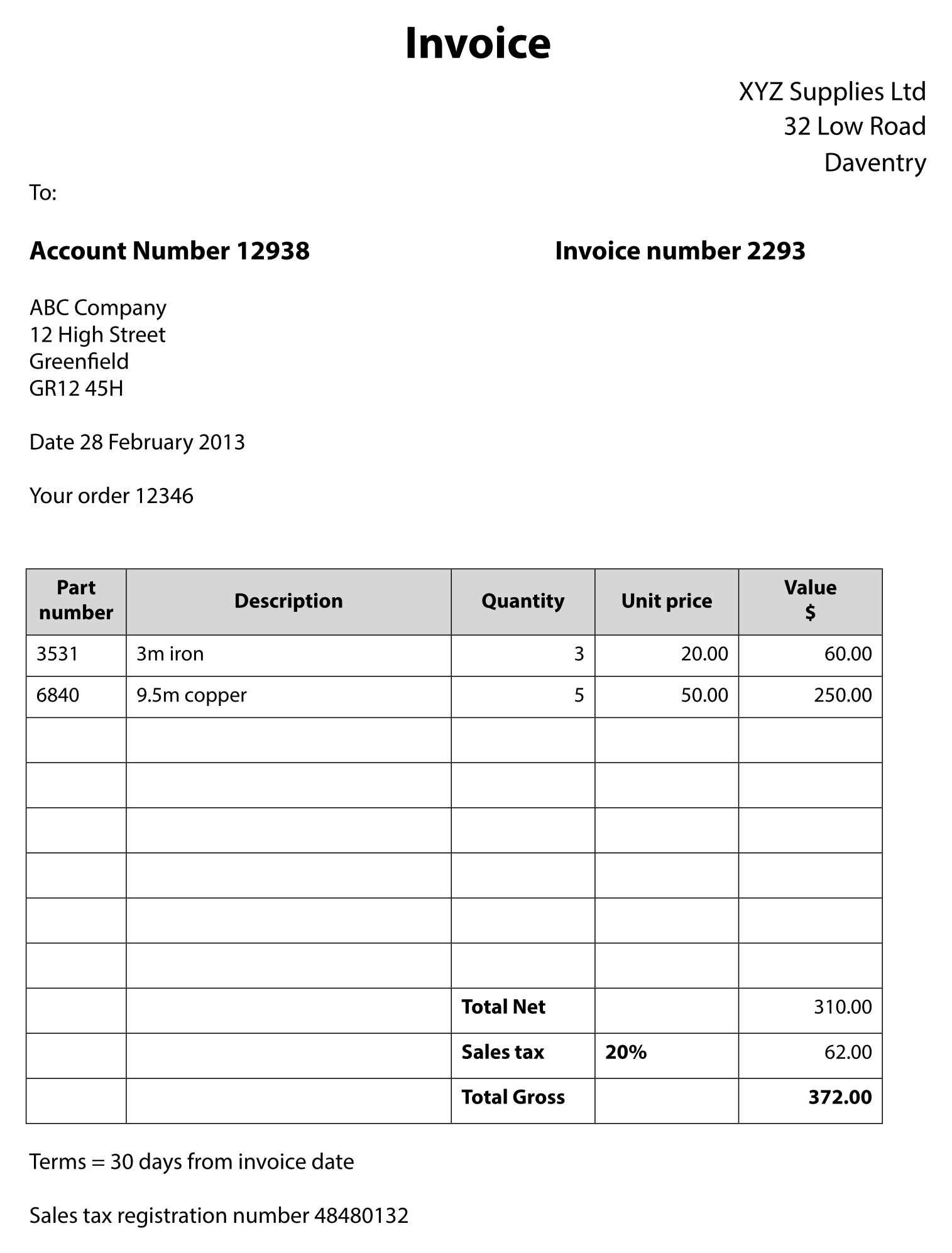 Sales invoice from XYZ Supplies Ltd to ABC Company, invoice number 2293