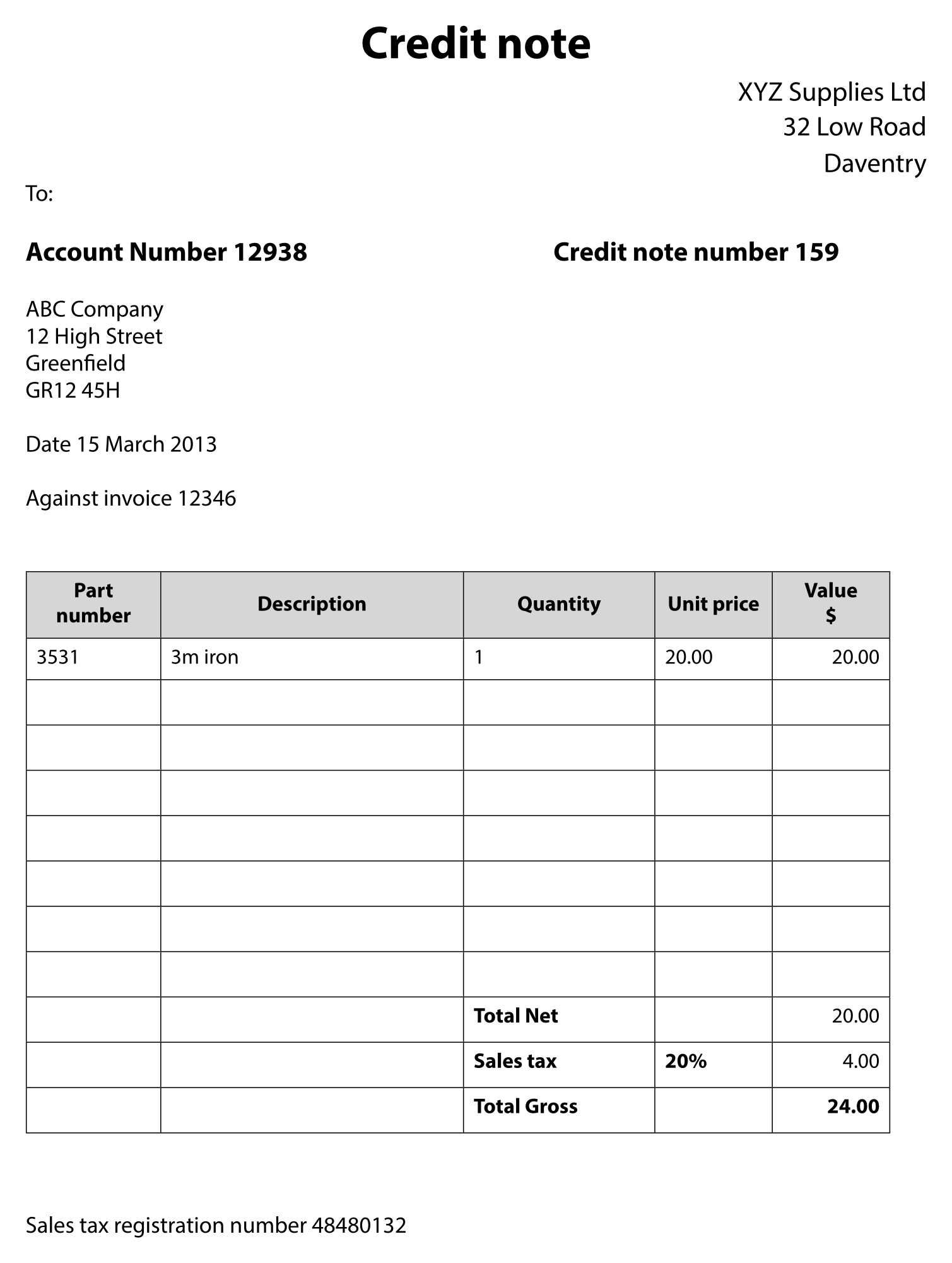 Credit note number 159 from XYZ Supplies Ltd to ABC Company