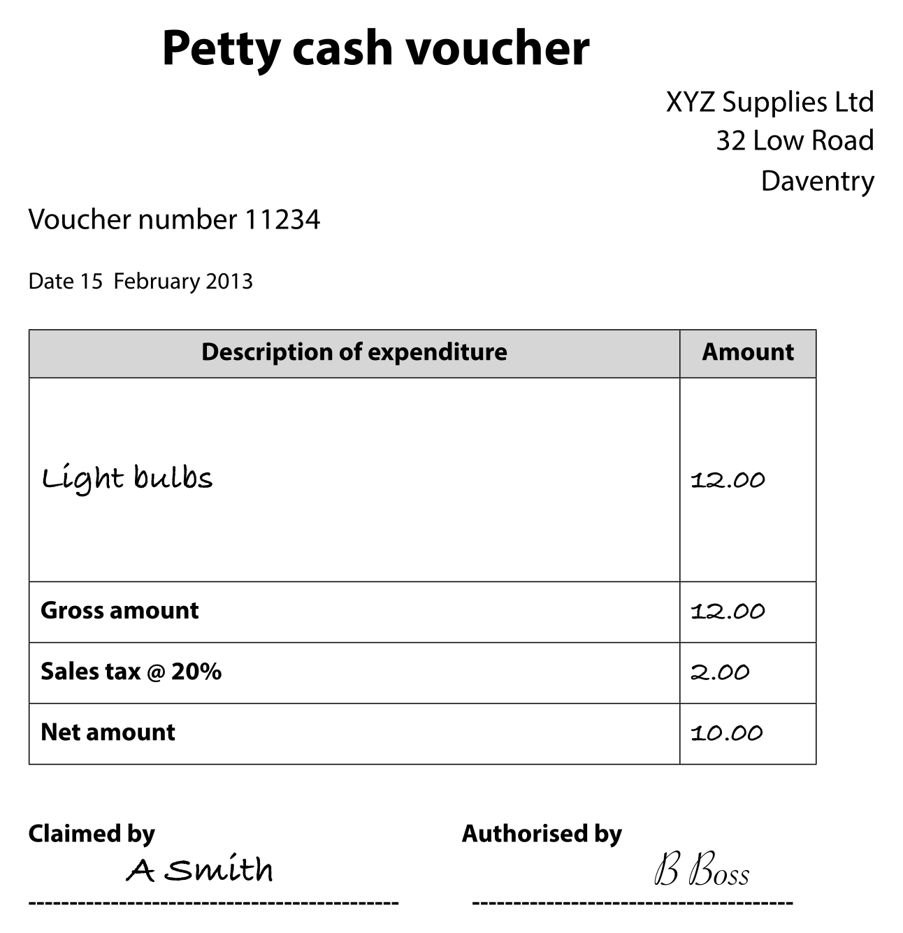Petty cash voucher number 11234 for light bulbs, $12.00 gross