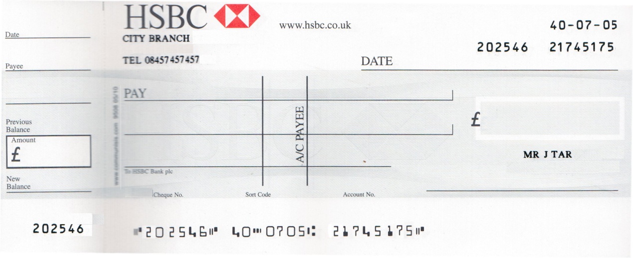 A blank UK cheque and its counterfoil, showing the bank, sort code, account number and cheque number