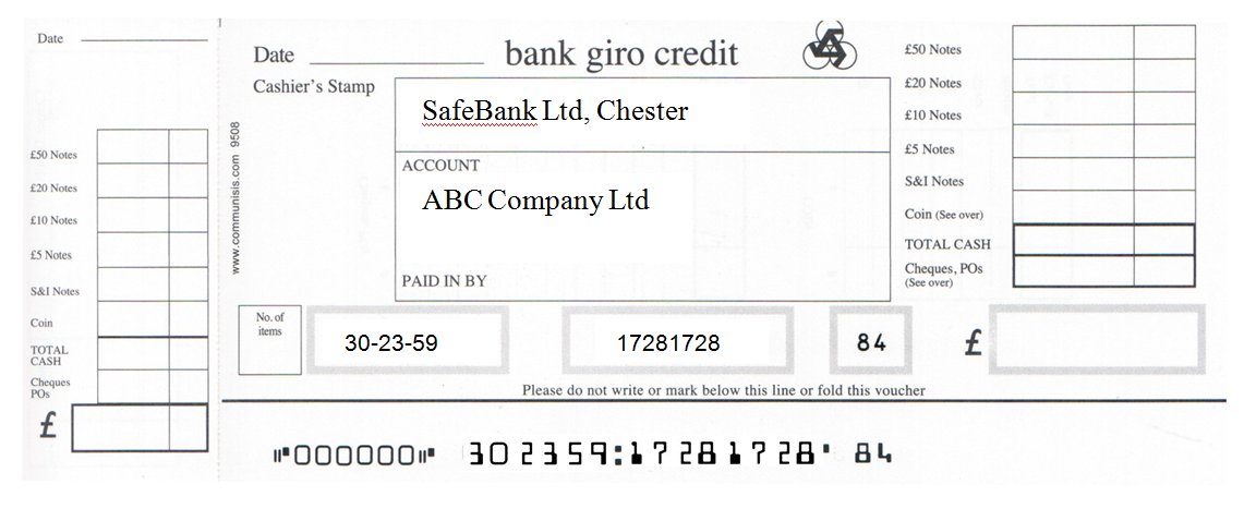 A bank giro credit paying-in slip for ABC Company Ltd at SafeBank Ltd, Chester