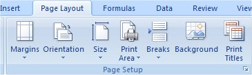 Excel Page Layout ribbon, Page Setup group: Margins, Orientation, Size, Print Area, Breaks, Background, Print Titles