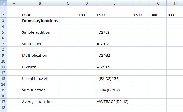 The same spreadsheet showing the formulae behind the results: =D2+E2, =F2-G2, =D2*G2, =E2/H2, =(E2-D2)*G2, =SUM(D2:H2), =AVERAGE(D2:H2)